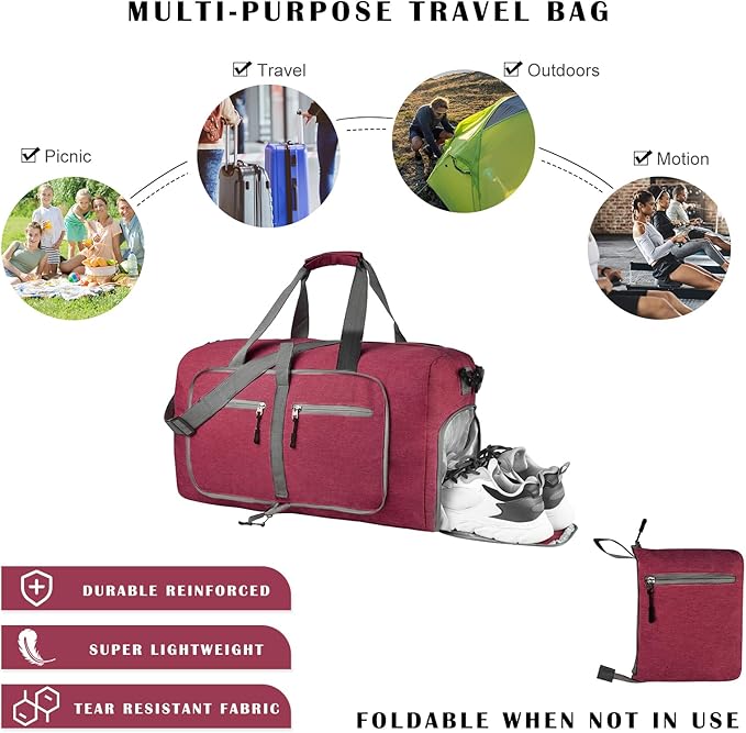 Dimayar 115L Travel Duffle Bag for Men Women - Foldable Duffel Bag with Shoes Compartment - Overnight Bags Waterproof & Tear Resistant(Red)