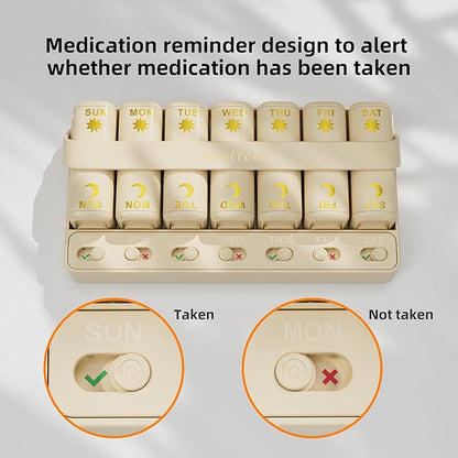 Restree Weekly Pill Organizer Two Time a Day, 7 Day Travel Pill Box, Daily Medicine Organizer, AM&PM Portable Pill Case for Vitamins Fish Oil/Supplements Medication Reminder Design (Beige)