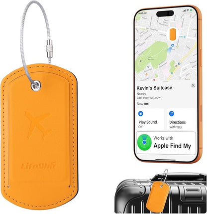 Luggage Tag with Tracker (iOS Only), Premium PU Leather Luggage Tags for Suitcase, Privacy Cover & ID Card Slot, Stainless Loop for Travel Bags, Backpack, Pet Carrier, Ideal Gadgets (Orange)
