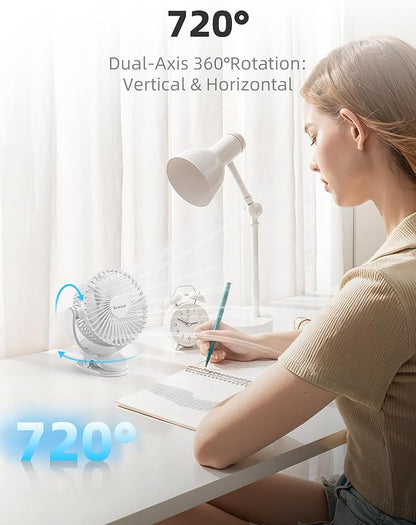 usb Personal Clip on Fan 2400mAh Battery Operated 6in, Type C, 3 Speed, 720 adjustment, Small Portable Fan for Table, Bedroom, Desk, dormitory, Camping, Stroller, Golf Cart