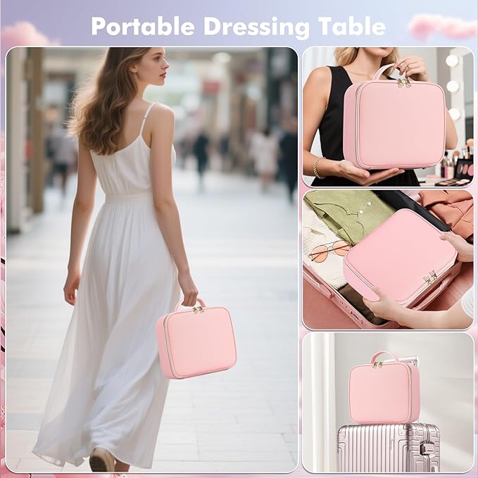 Travel Makeup Bag with Removable Mirror, Cosmetic Organizer Bag with Mirror, 360° Angle Stand, 3 Colors Dimmable Lighted Makeup Case, PU Leather Makeup Train Case with Adjustable Dividers/Brush Holder