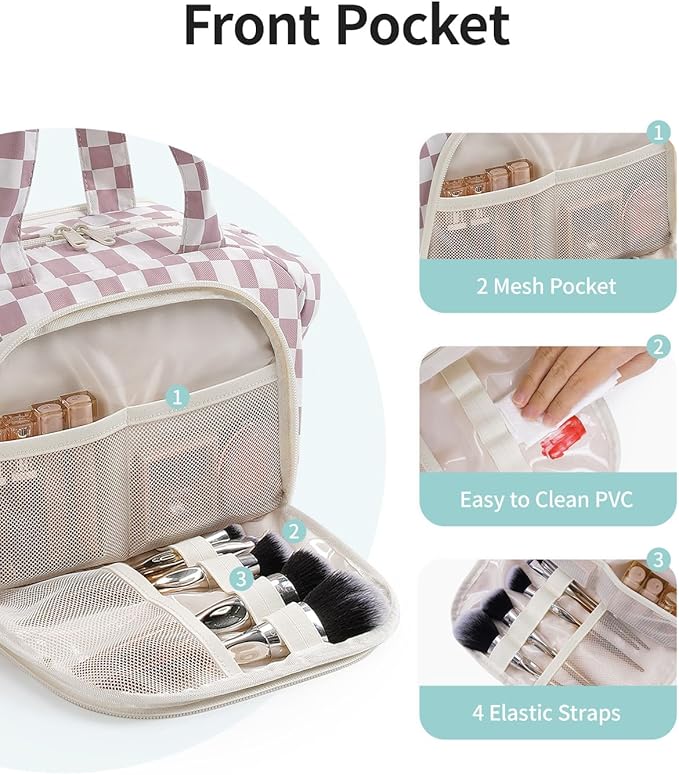 Narwey Travel Toiletry Bag, Wide-open Large Toiletry Bags for Traveling Women, Checkered Travel Bag for Toiletries Cosmetic Makeup Bag Organizer, Skincare Make Up Bag (Dusty Pink Checkerboard)