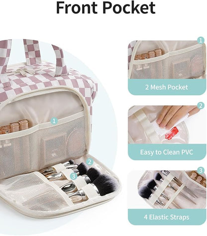 Narwey Travel Toiletry Bag, Wide-open Large Toiletry Bags for Traveling Women, Checkered Travel Bag for Toiletries Cosmetic Makeup Bag Organizer, Skincare Make Up Bag (Dusty Pink Checkerboard)