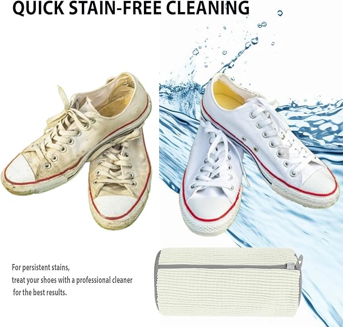 2Pcs Shoe Washing Machine Bag, Durable Laundry Shoe Bag for Washing Machine, Fluffy Fibers 360° Cleaning, Includes Liquid Shoe Brush & Travel Dust Bag, Ideal for Sneakers & Gym Shoes (White)