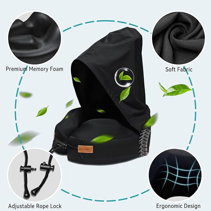 Travel Pillow with Hood, Memory Foam Airplane Neck Pillow for Long Flight, Soft, Comfort Portable Travel Neck Pillow for Flight, Drive, Work, Rest, with Storage Bag