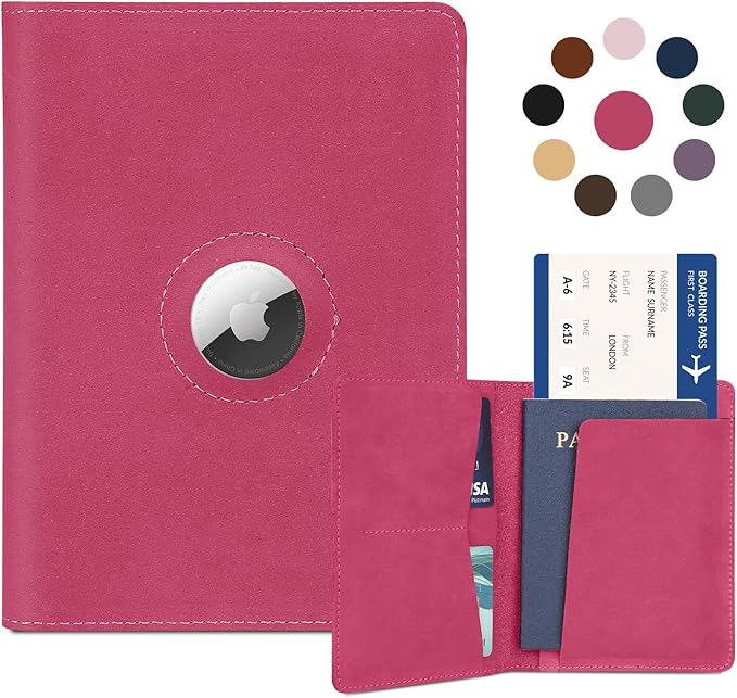 Airtag Passport Holder for Women Men Travel, Real Leather Passport Wallet, Handmade Passport Cover Case with Airtag Slot, Travel Must Haves Essentials Accessories Birthday Gifts(Crazy Horse, Rose Red)