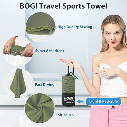 BOGI Microfiber Travel Sports Towel-Quick Dry Travel Towel,Soft Lightweight Absorbent Compact for Camping Gym Beach Bath Yoga Swimming Backpacking (XL:72''x32''+16''x16''-AGreen)