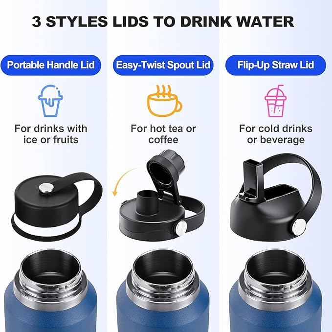 40oz Water Bottle Insulated with Straw,Leak Proof Water Bottles Fit in Car Cup Holder，Mens Water Bottle Stainless Steel for Gym,Hiking,Travel,Bpa free,Navy Blue