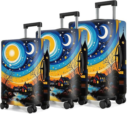Starry Night Luggage Cover – Artistic Travel Suitcase Protector with Moon and Village Landscape Design, Elastic Washable Luggage Cover for 24"-26" Suitcase,M