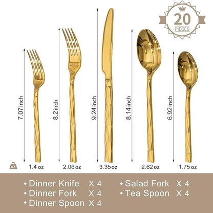 KINGSTONE Gold Silverware Set, Luxury 20 Piece Flatware Set for 4, 18/10 Stainless Steel Cutlery Set with Diamond Cut Pattern for Kitchen, Home, Wedding, Party, Mirror Polished and Dishwasher Safe