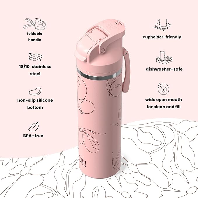 OISIZ Insulated Water Bottle 24 oz with 2 in 1 Spout and Straw Lid,One Click Safety Lock,100% Leakproof,Keep Cold 24H,Vacuum Stainless Steel Water Bottle for School,Travel and Sports,Dishwasher Safe