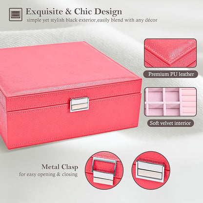 ProCase Jewelry Box for Women, 2 Layers Large Leather Jewelry Organizer Storage Case with Removable Pad for Earrings -Watermelonred