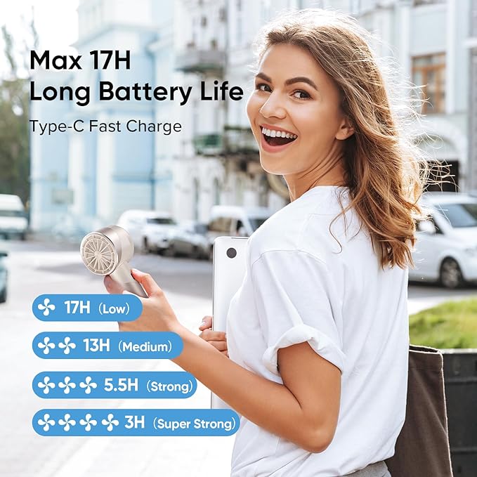 AMACOOL Mini Handheld Turbo Fan, 17Hrs Runtime, 4 Speeds, Cool Metal Body, Rechargeable Personal Hand Fan, Travel Essentials, Portable Pocket Fans for Girl Woman Man Makeup Camping-Beige