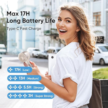 AMACOOL Mini Handheld Turbo Fan, 17Hrs Runtime, 4 Speeds, Cool Metal Body, Rechargeable Personal Hand Fan, Travel Essentials, Portable Pocket Fans for Girl Woman Man Makeup Camping-Beige