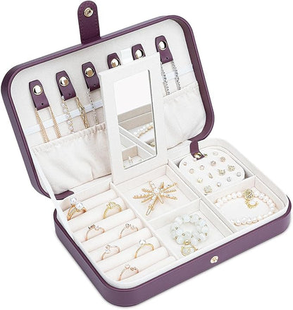 2-Layer Travel Jewelry Box for Women, Portable Jewelry Organizer with Mirror & Removable Dividers, PU Leather Jewelry Case – Gift for Wife, Mom, Girlfriend (Burgundy White)