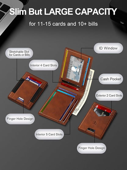 Wallet for Men Slim Leather Wallets for 13-17 Cards, RFID Blocking Thin Card Holder Wallet with ID Window & Large Capacity Cash Slot, Minimalist Bifold Small Wallet for Front Pocket, Gift for Men