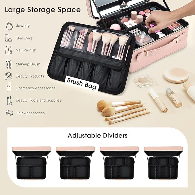 Leather Makeup Case with LED Lighted Mirror 11.4 Inch Travel Makeup Bag Adjustable Brightness in 3 Colors Cosmetic Organizer Artist Storage Bag with Dividers Brush Holder Storage Vanity Pink
