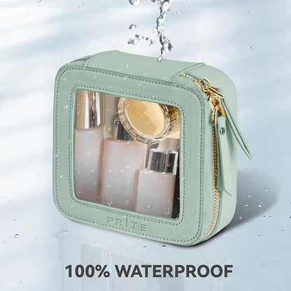 Prite Small Makeup Bag for Women Portable Clear Makeup Bag Cute Mini Waterproof Travel Cosmetic Bag with Gold Zipper for Car Essentials(Green)