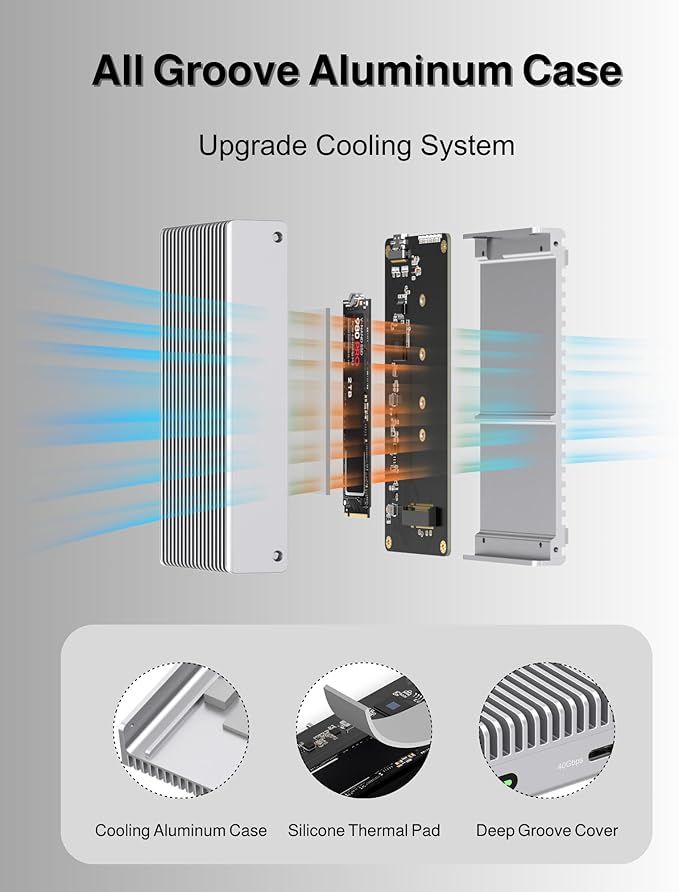 Noiseless 40Gbps M.2 NVMe Enclosure, USB C Aluminum External SSD Enclosure Compatible Thunderbolt4/3 8TB SSD Adapter, PCIe Gen4 M.2 SSD Reader Fits 2280/2260/2242/2230mm M B+M Key (Silver)