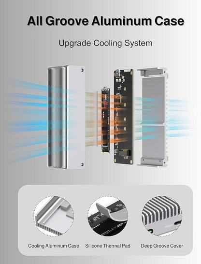 Noiseless 40Gbps M.2 NVMe Enclosure, USB C Aluminum External SSD Enclosure Compatible Thunderbolt4/3 8TB SSD Adapter, PCIe Gen4 M.2 SSD Reader Fits 2280/2260/2242/2230mm M B+M Key (Silver)