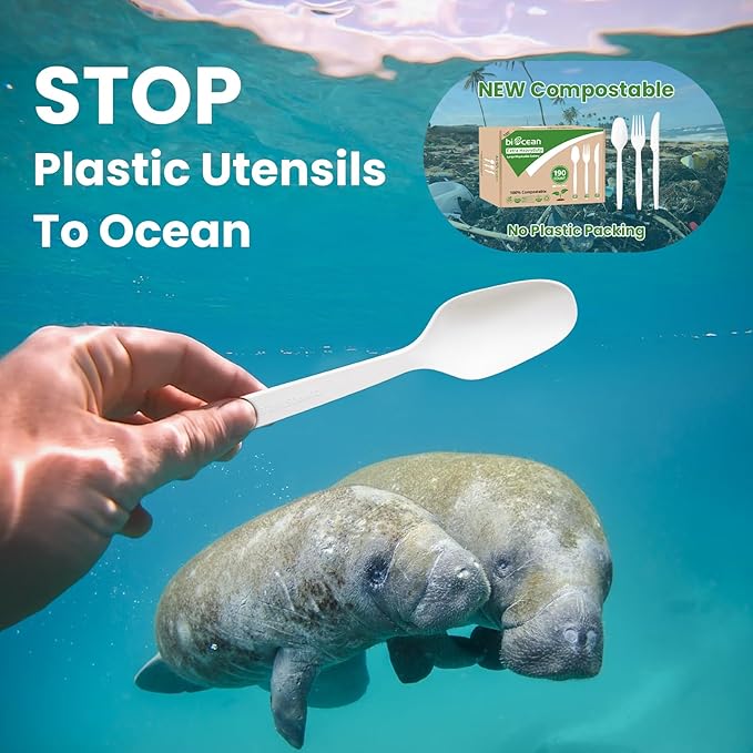 Extra Heavyduty Compostable Spoons [500 Count,6.7In] Disposable Cutlery No Plastic Spoons Large Biodegradable Utensils Eco Friendly Silverware for Party,BBQ,Daily Use [With Tote]