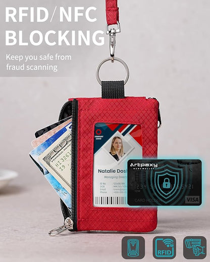 Minimalist Wallet For Mens Womens, Keychain RFID Blocking Zipper Small Wallet with ID Window 2 Lanyards,Water Resistant Travel Cash Card Coin Case Boys Girls