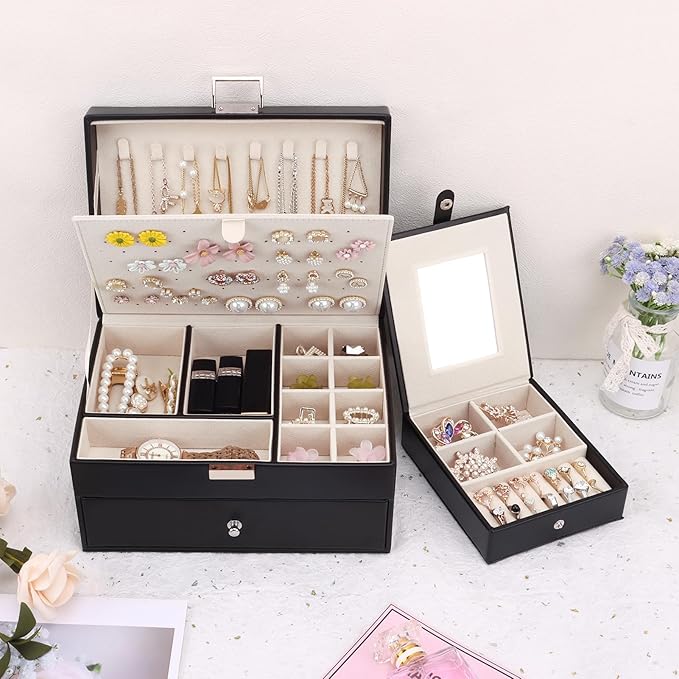 DesignSter Jewelry Organizer Box, 2 Layers Large Jewelry Box with Travel Jewelry Case, Leather Jewelry Storage Case for Rings Earrings Bracelets Necklaces (Black)