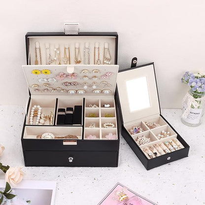 DesignSter Jewelry Organizer Box, 2 Layers Large Jewelry Box with Travel Jewelry Case, Leather Jewelry Storage Case for Rings Earrings Bracelets Necklaces (Black)