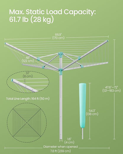 SONGMICS Umbrella Drying Rack, Retractable Outdoor Drying Rack, Height Adjustable, 164 ft Long Clothesline, Holds 5 Laundry Loads, for Garden, with Ground Spike, Cover, Silver and Green ULLR301E01