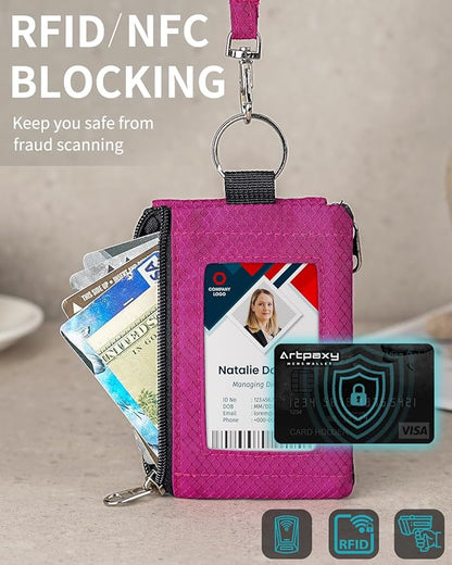 Minimalist Wallet For Mens Womens, Keychain RFID Blocking Zipper Small Wallet with ID Window 2 Lanyards,Water Resistant Travel Cash Card Coin Case Boys Girls