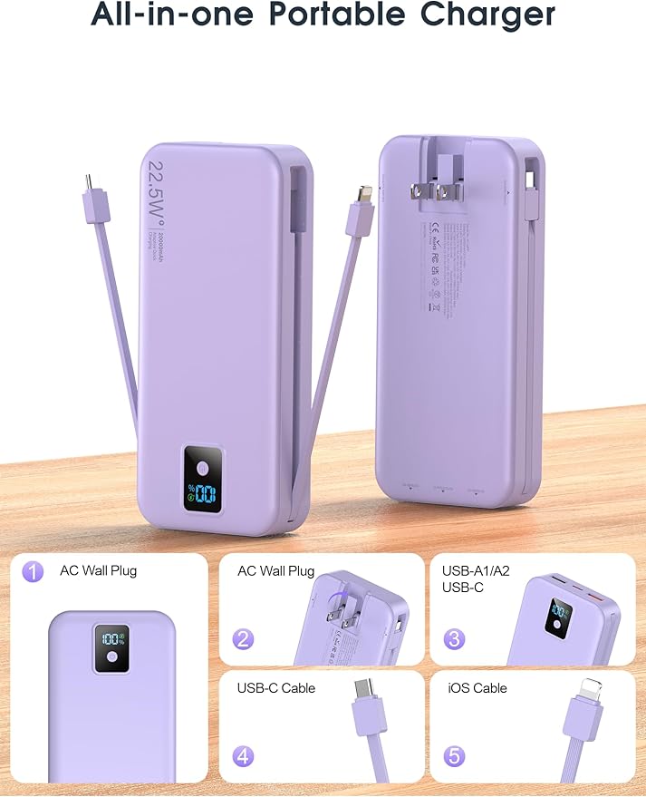 Portable Charger, 20000mAh 22.5W Fast Charging Power Bank with Built-in Cables & Wall Plug, Travel Essentials Battery Pack with LED Display, USB C External Battery Bank for iPhone iPad, Samsung Purple