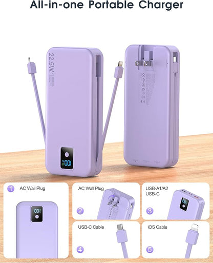 Portable Charger, 20000mAh 22.5W Fast Charging Power Bank with Built-in Cables & Wall Plug, Travel Essentials Battery Pack with LED Display, USB C External Battery Bank for iPhone iPad, Samsung Purple