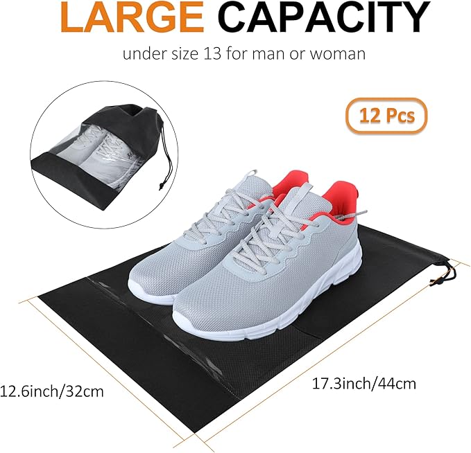 YAMIU 12PCS Shoe Bags for Travel - Large Dustproof Drawstring Shoes Pouch Packing Organizers for Men & Women, Black