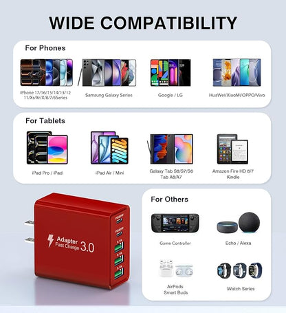 USB C Wall Charger Block, 2Pack 60W USB C Charger 5-Port PD Fast Charging Blocks,QC 3.0 USB A Multiport Plug,Type C Power Adapter Brick Cube for iPhone 17/16/15/14/13/Pro,Samsung,for Switch/Pixel（Red）