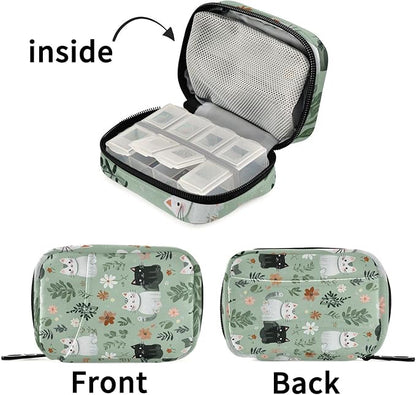 Pill Organizer Box Case Weekly Travel Pill Container Holder 7Day Cute Vitamin Organizer Dispenser Sorter Planner Storage Small Compact Mint Green Floral and Cute Cats07