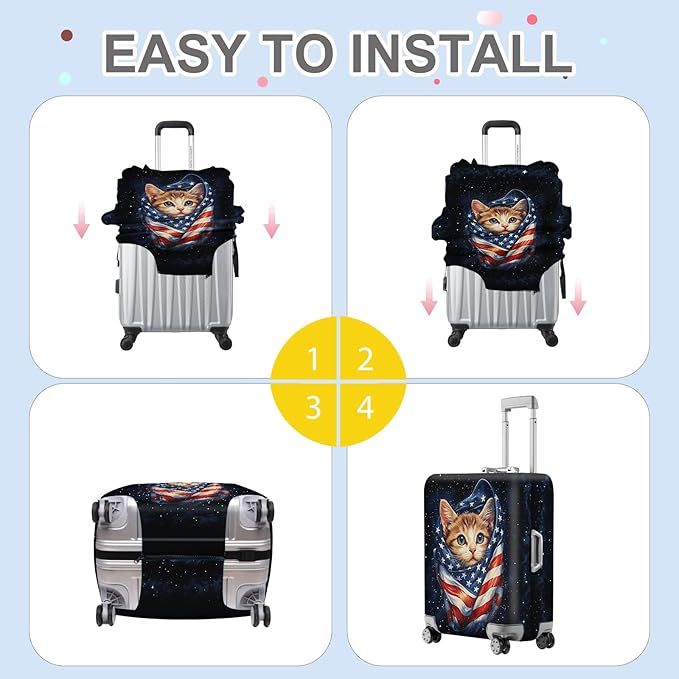 ANNA QUEEN Cute Patriotic Cat Luggage Cover, American Flag Suitcase Protector, Stretchable, Washable Travel Cover for 24-26 Inch Luggage