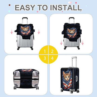 ANNA QUEEN Cute Patriotic Cat Luggage Cover, American Flag Suitcase Protector, Stretchable, Washable Travel Cover for 32-34 Inch Luggage
