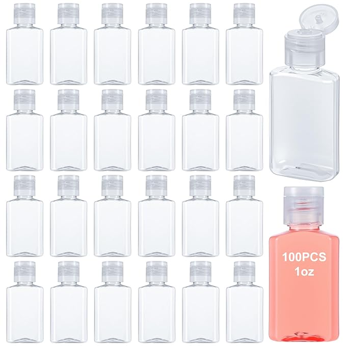 100Pcs 1oz empty travel size bottles 30ml Flip Cap small lotion bottles mini plastic bottle for toiletries clear refillable sample bottle for liquid,shampoo and conditioner container