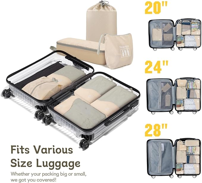 Compression Packing Cubes 8 Set, Dual Zipper Compression Packing Cubes for Travel, See-Through Mesh Packing Bags for Suitcases, packing cubes with shoe bag (Beige)