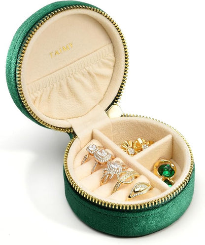 TAIMY Travel Jewelry Case, Small Round Velvet Travel Jewelry Box for Women Girls, Portable Tiny Jewelry Travel Organizer Boxes for Rings Earrings Necklaces Bracelets(Emerald Green)