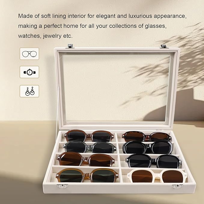 Stratalife Sunglasses Organizer Sunglass Display Tray Jewelry Tray with Lid Sunglasses Storage Case Drawer Watch Box for Men and Women Beige (8 Grids)