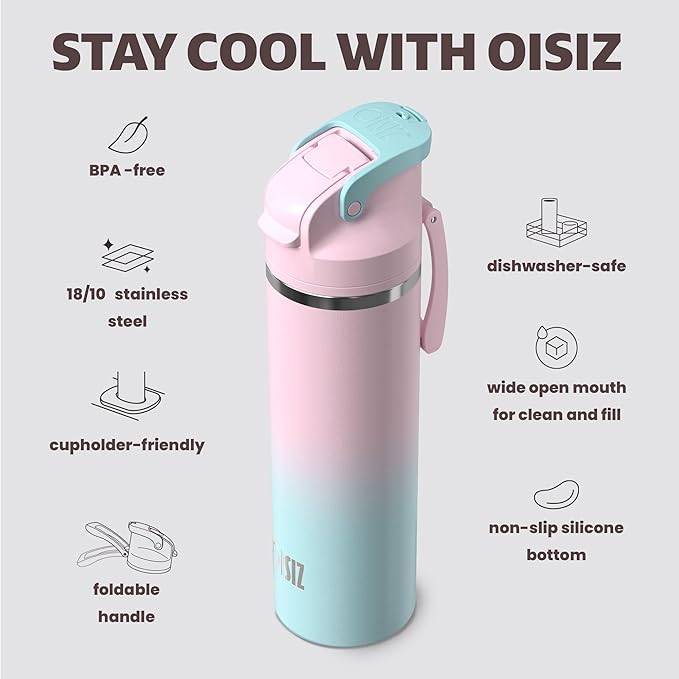 OISIZ Insulated Water Bottle 24 oz with 2 in 1 Spout and Straw Lid,One Click Safety Lock,100% Leakproof,Keep Cold 24H,Vacuum Stainless Steel Water Bottle for School,Travel and Sports,Dishwasher Safe