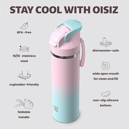 OISIZ Insulated Water Bottle 24 oz with 2 in 1 Spout and Straw Lid,One Click Safety Lock,100% Leakproof,Keep Cold 24H,Vacuum Stainless Steel Water Bottle for School,Travel and Sports,Dishwasher Safe