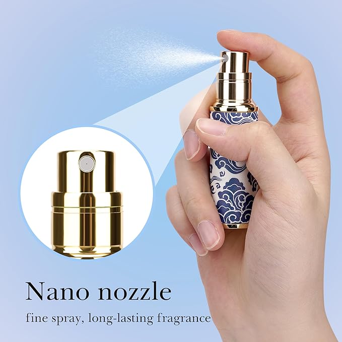 LUEXBOX Portable Perfume Bottle for Travel, Mini Refillable Perfume Dispenser, 5ml Faux Leather Leak Proof Perfume Atomizers, Blue and White Bottles Sprayer for Pocket Perfume (Blue Cloud)