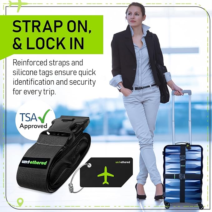 Untethered Ultimate Travel Set: 4 Premium Luggage Straps and 4 Silicone Tags - Secure & Identify Your Bags with Ease (Black + Tags)