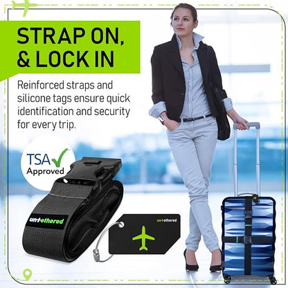 Untethered Ultimate Travel Set: 4 Premium Luggage Straps and 4 Silicone Tags - Secure & Identify Your Bags with Ease (Black + Tags)