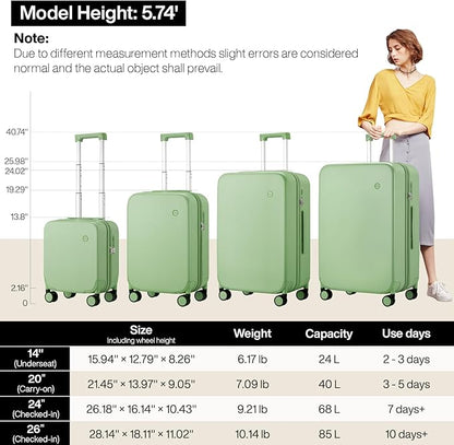 mixi Upgrade Carry on Luggage 14 Inch Underseat Personal Item Suitcases with Spinner Wheels, Hardside Rolling Suitcase PC with TSA Lock Lightweight Travel Case, Fine Grid Avocado Green