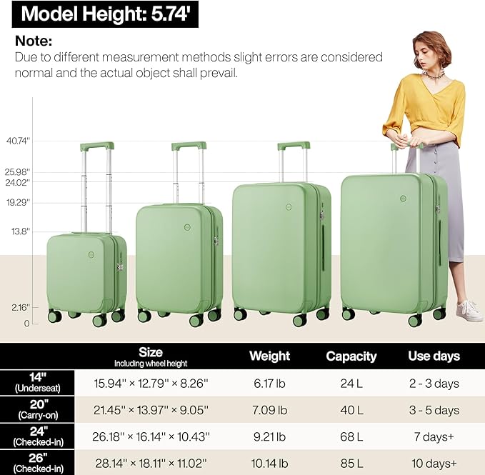 mixi Upgrade Carry on Luggage Suitcases with Spinner Wheels, Hardside Rolling Suitcase PC with TSA Lock Lightweight Travel Case 20in Carry-On, Fine Grid Avocado Green