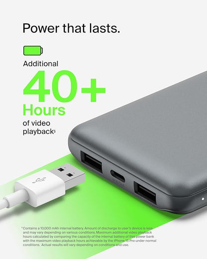 Belkin Portable Charger, USB C Power Bank 10000 mAh w/ 2xUSB-A Ports, 15W w/Type-C to Type-A Cable for iPhone 17, Air, Pro, Samsung Galaxy S25, iPad, Nintendo Switch 2, Google Pixel 10, etc. - Gray