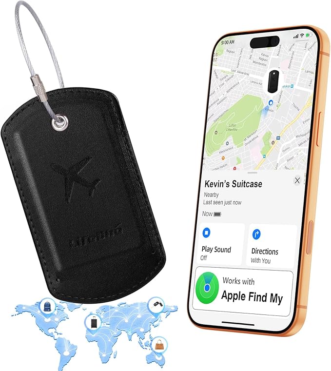 Luggage Tag with Tracker (iOS Only), Premium PU Leather Luggage Tags for Suitcase, Privacy Cover & ID Card Slot, Stainless Loop for Travel Bags, Backpack, Pet Carrier, Ideal Gadgets (Black)